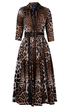 Aster Dress Shirt Collar 3/4 Sleeve Midi Length Wool Musola (Colombo Leopard) - Camel