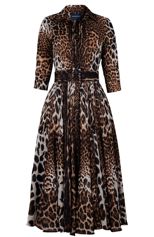 Aster Dress Shirt Collar 3/4 Sleeve Midi Length Wool Musola (Colombo Leopard) - Camel
