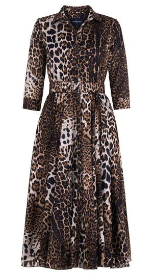 Aster Dress Shirt Collar 3/4 Sleeve Midi Length Cotton Musola (Colombo Leopard)