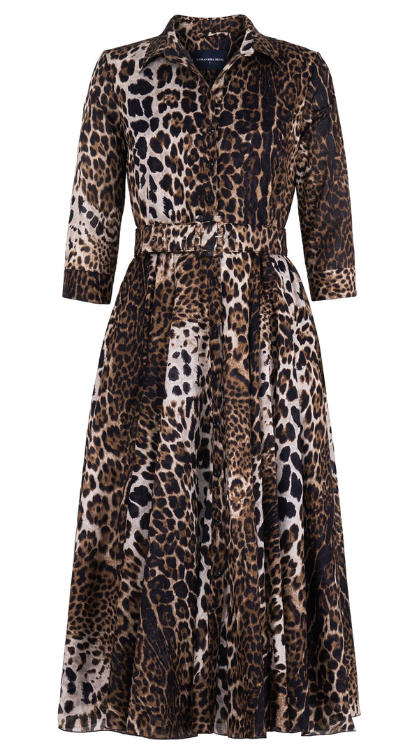 Aster Dress Shirt Collar 3/4 Sleeve Midi Length Cotton Musola (Colombo Leopard)