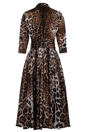Aster Dress Shirt Collar 3/4 Sleeve Midi Length Wool Musola (Colombo Leopard) - Camel