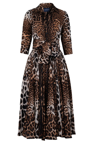 Aster Dress Shirt Collar 3/4 Sleeve Midi Length Wool Musola (Colombo Leopard) - Camel