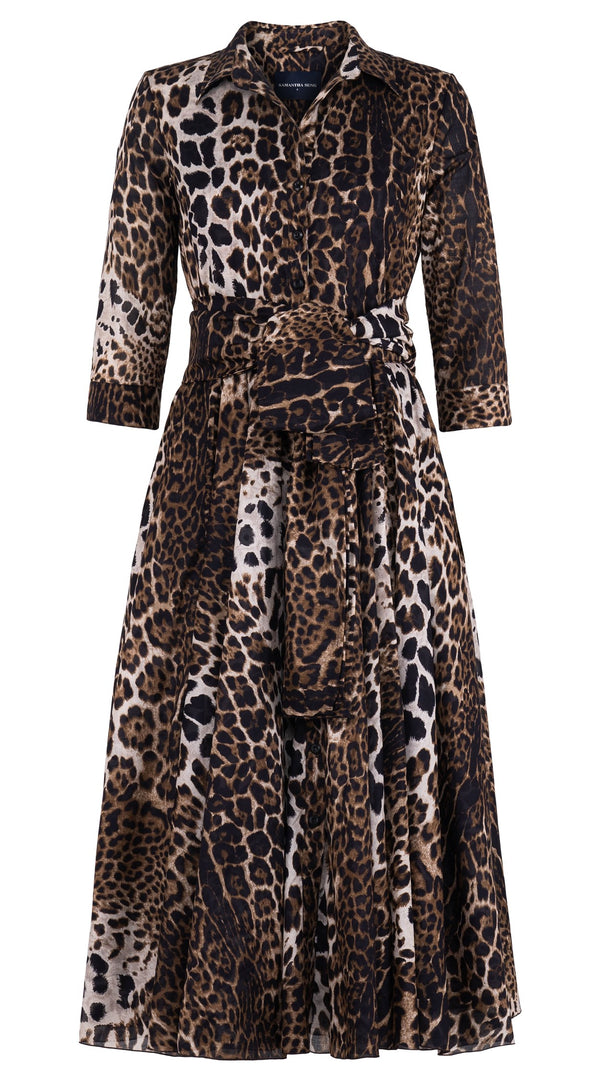 Aster Dress Shirt Collar 3/4 Sleeve Midi Length Cotton Musola (Colombo Leopard)