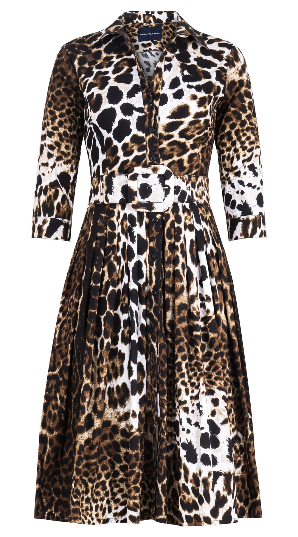 Audrey Dress #2 Shirt Collar 3/4 Sleeve Long Length Cotton Stretch (Colombo Leopard)