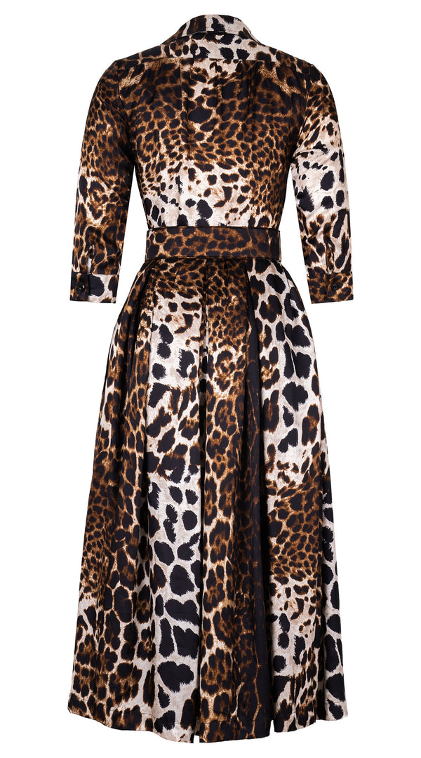 Audrey Dress #7 Shirt Collar 3/4 Sleeve Midi Plus Length Silk Twill (Colombo Leopard) - Camel