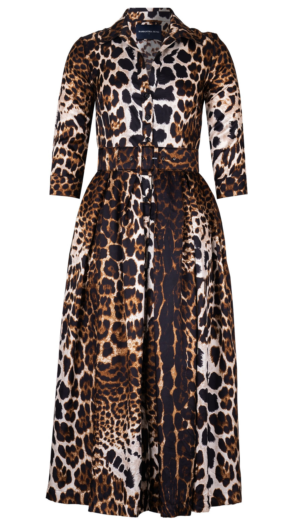 Audrey Dress #7 Shirt Collar 3/4 Sleeve Midi Plus Length Silk Twill (Colombo Leopard) - Camel