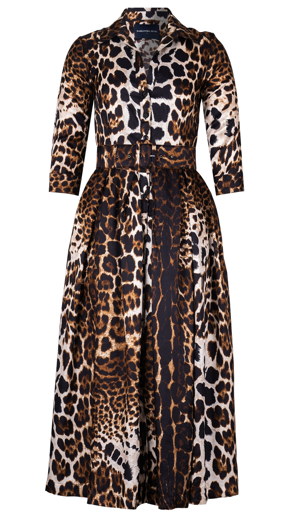 Audrey Dress #7 Shirt Collar 3/4 Sleeve Midi Plus Length Silk Twill (Colombo Leopard) - Camel