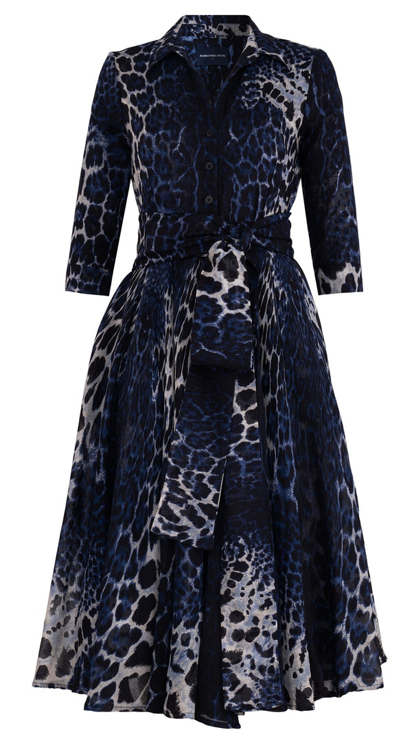 Aster Dress Shirt Collar 3/4 Sleeve Midi Length Cotton Musola (Colombo Leopard)