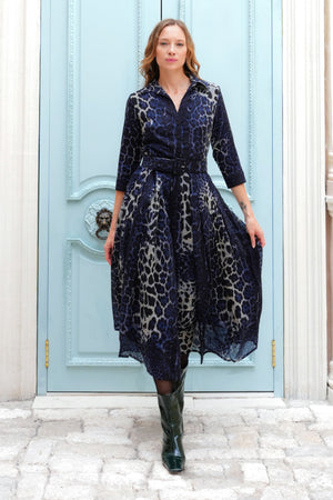 Audrey Dress #4 Shirt Collar 3/4 Sleeve Midi Plus Length Wool (Colombo Leopard) - Midnight Blue