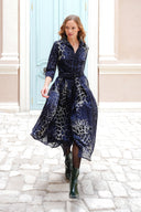 Audrey Dress #4 Shirt Collar 3/4 Sleeve Midi Plus Length Wool (Colombo Leopard) - Midnight Blue