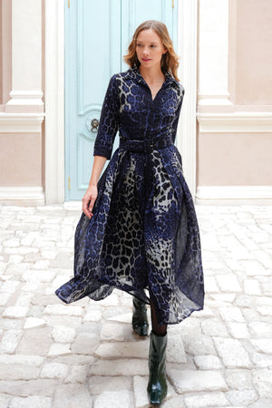 Audrey Dress #4 Shirt Collar 3/4 Sleeve Midi Plus Length Wool (Colombo Leopard) - Midnight Blue