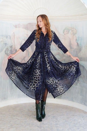 Audrey Dress #4 Shirt Collar 3/4 Sleeve Midi Plus Length Wool (Colombo Leopard) - Midnight Blue