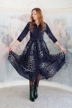 Audrey Dress #4 Shirt Collar 3/4 Sleeve Midi Plus Length Wool (Colombo Leopard) - Midnight Blue