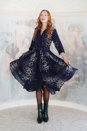 Audrey Dress #4 Shirt Collar 3/4 Sleeve Midi Plus Length Wool (Colombo Leopard) - Midnight Blue