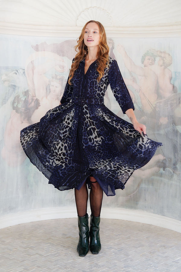 Audrey Dress #4 Shirt Collar 3/4 Sleeve Midi Plus Length Wool (Colombo Leopard) - Midnight Blue
