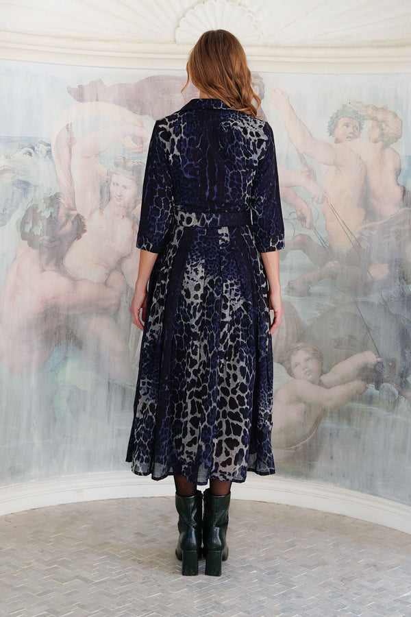 Audrey Dress #4 Shirt Collar 3/4 Sleeve Midi Plus Length Wool (Colombo Leopard) - Midnight Blue