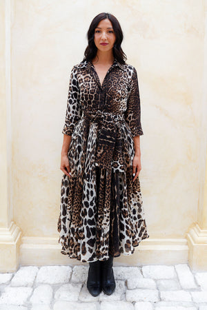 Aster Dress Shirt Collar 3/4 Sleeve Midi Length Wool (Colombo Leopard) - Sepia