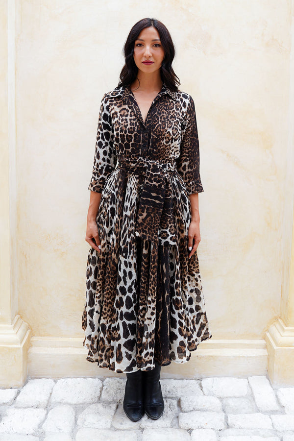 Aster Dress Shirt Collar 3/4 Sleeve Midi Length Wool (Colombo Leopard) - Sepia
