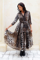 Aster Dress Shirt Collar 3/4 Sleeve Midi Length Wool (Colombo Leopard) - Sepia