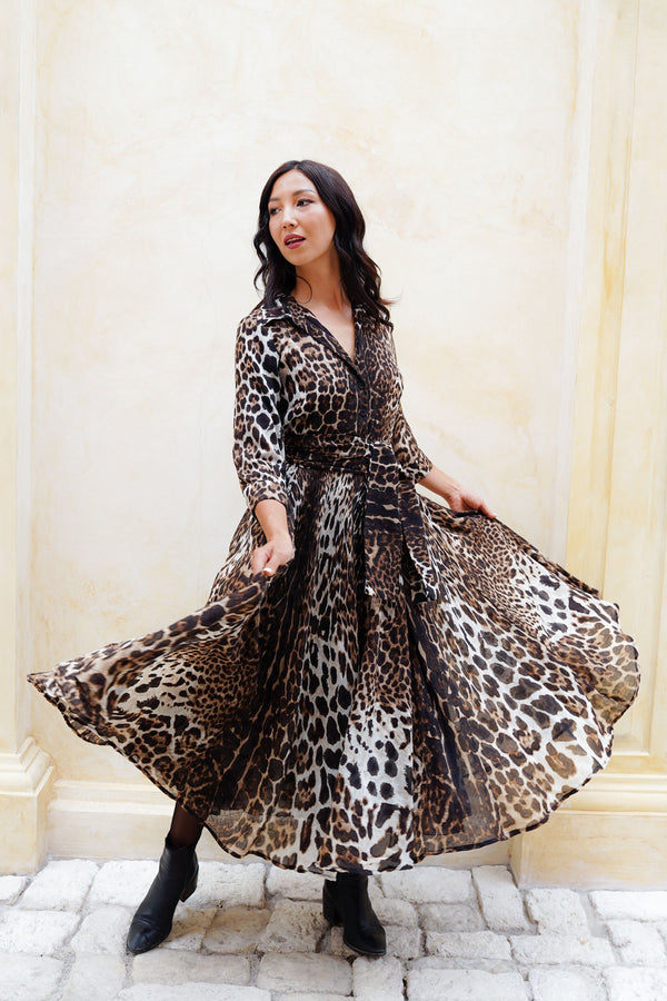 Aster Dress Shirt Collar 3/4 Sleeve Midi Length Wool (Colombo Leopard) - Sepia