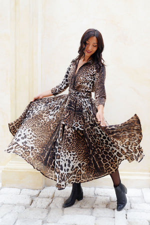 Aster Dress Shirt Collar 3/4 Sleeve Midi Length Wool (Colombo Leopard) - Sepia