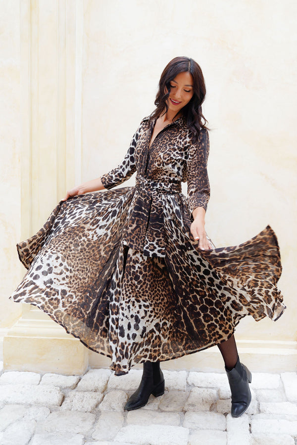 Aster Dress Shirt Collar 3/4 Sleeve Midi Length Wool (Colombo Leopard) - Sepia