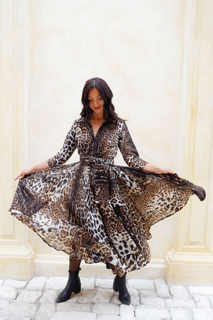 Aster Dress Shirt Collar 3/4 Sleeve Midi Length Wool (Colombo Leopard) - Sepia