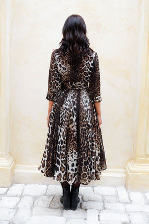 Aster Dress Shirt Collar 3/4 Sleeve Midi Length Wool (Colombo Leopard) - Sepia