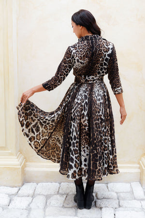 Aster Dress Shirt Collar 3/4 Sleeve Midi Length Wool (Colombo Leopard) - Sepia