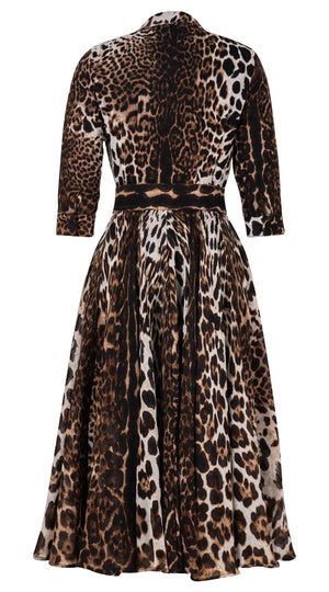 Aster Dress Shirt Collar 3/4 Sleeve Midi Length Wool Musola (Colombo Leopard) - Sepia
