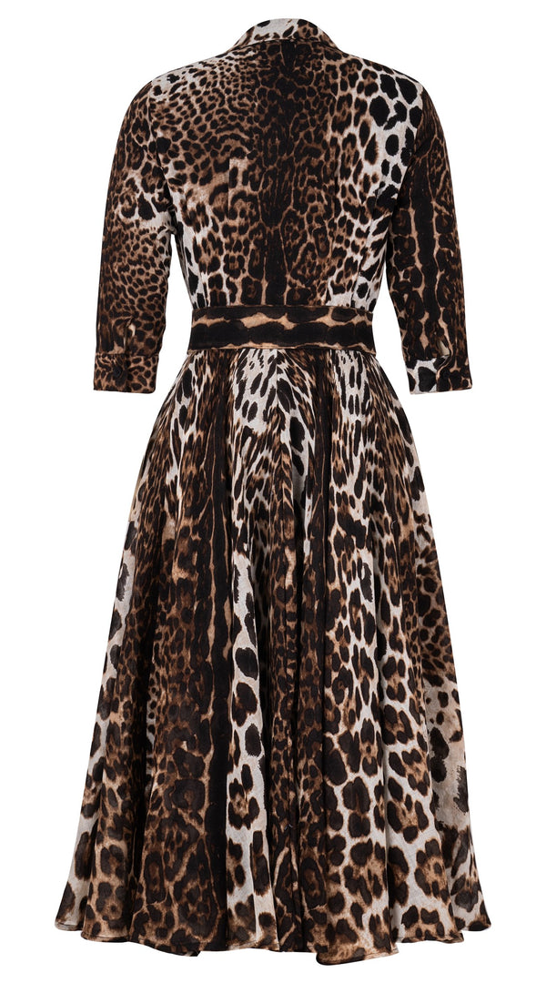 Aster Dress Shirt Collar 3/4 Sleeve Midi Length Wool Musola (Colombo Leopard) - Sepia
