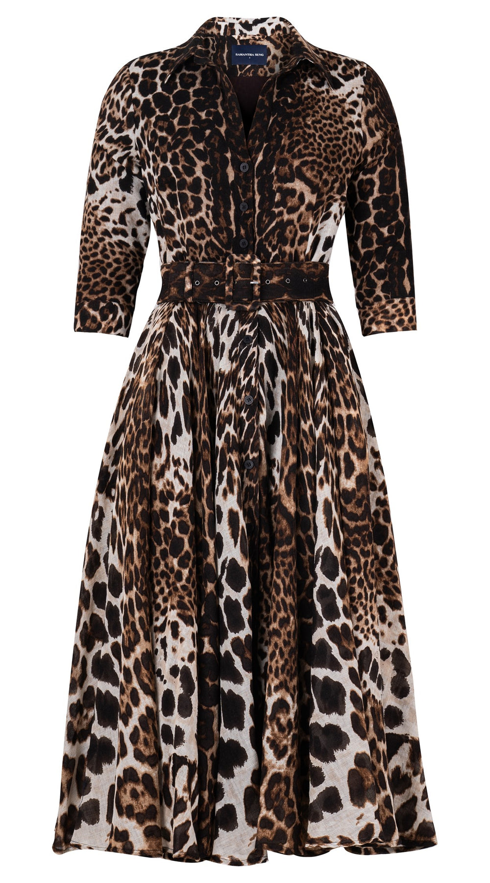 Aster Dress Shirt Collar 3/4 Sleeve Midi Length Wool Musola (Colombo Leopard) - Sepia