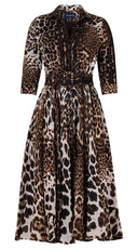 Aster Dress Shirt Collar 3/4 Sleeve Midi Length Wool Musola (Colombo Leopard) - Sepia