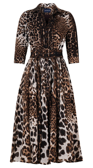 Aster Dress Shirt Collar 3/4 Sleeve Midi Length Wool Musola (Colombo Leopard) - Sepia