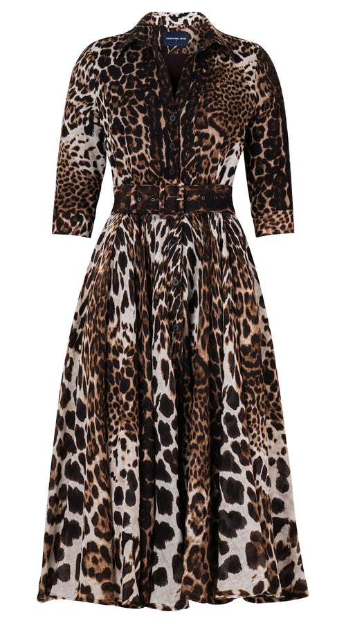 Aster Dress Shirt Collar 3/4 Sleeve Midi Length Wool Musola (Colombo Leopard) - Sepia