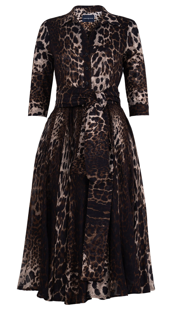Aster Dress Shirt Collar 3/4 Sleeve Midi Length Wool Musola  (Colombo Leopard)