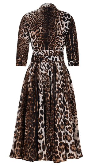 Aster Dress Shirt Collar 3/4 Sleeve Midi Length Wool Musola (Colombo Leopard) - Sepia