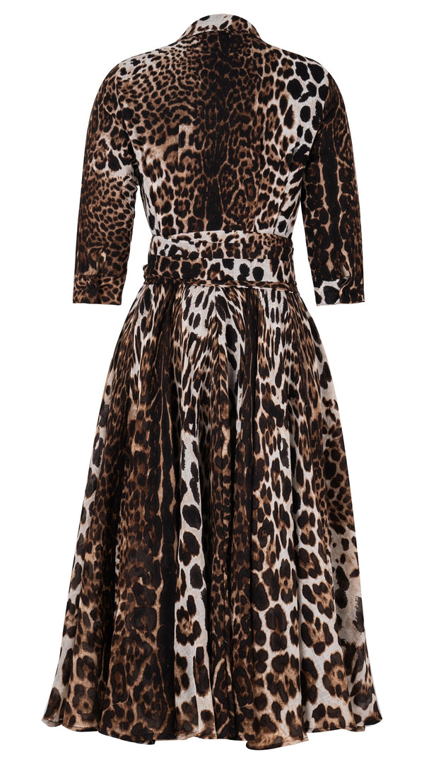Aster Dress Shirt Collar 3/4 Sleeve Midi Length Wool Musola (Colombo Leopard) - Sepia