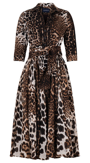 Aster Dress Shirt Collar 3/4 Sleeve Midi Length Wool Musola (Colombo Leopard) - Sepia