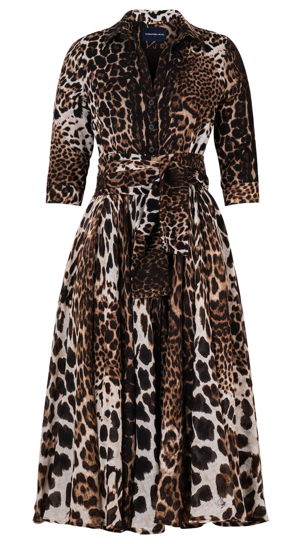 Aster Dress Shirt Collar 3/4 Sleeve Midi Length Wool Musola (Colombo Leopard) - Sepia