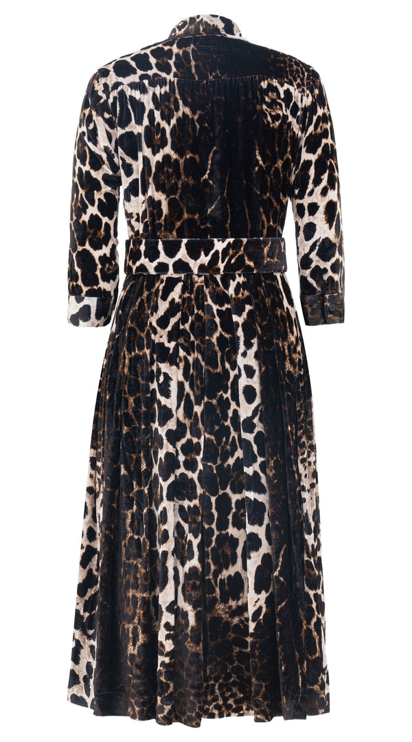 Audrey Dress #4 Shirt Collar 3/4 Sleeve Midi Length Silk Velvet (Colombo Leopard)
