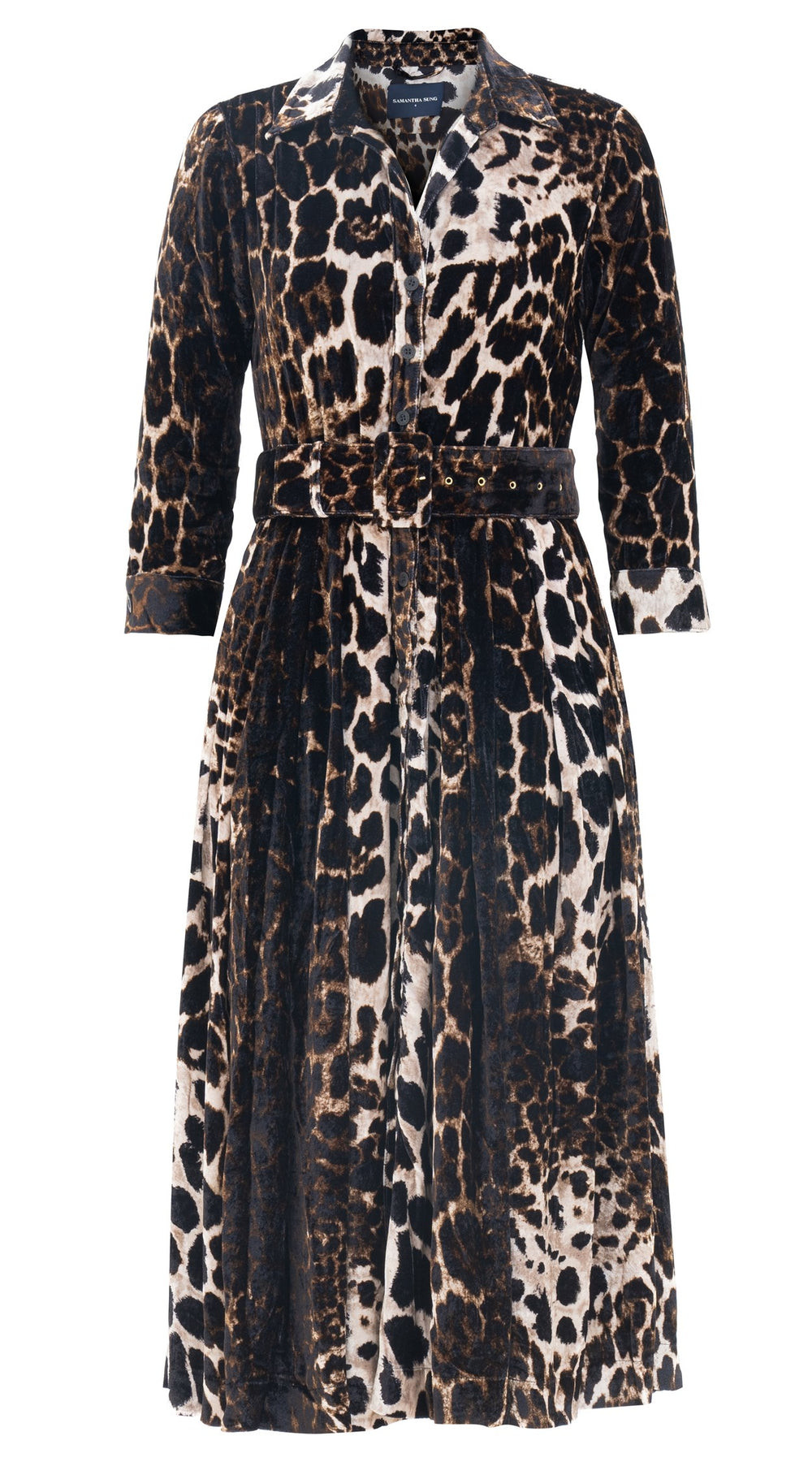 Audrey Dress #4 Shirt Collar 3/4 Sleeve Midi Length Silk Velvet (Colombo Leopard)