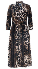 Audrey Dress #4 Shirt Collar 3/4 Sleeve Midi Length Silk Velvet (Colombo Leopard)