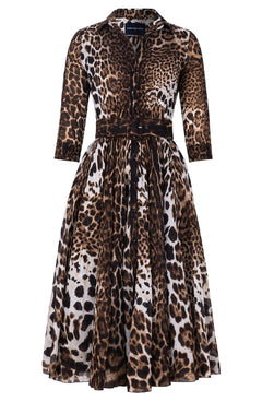 Avenue Dress Shirt Collar 3/4 Sleeve Midi Length Cotton Musola (Colombo Leopard)