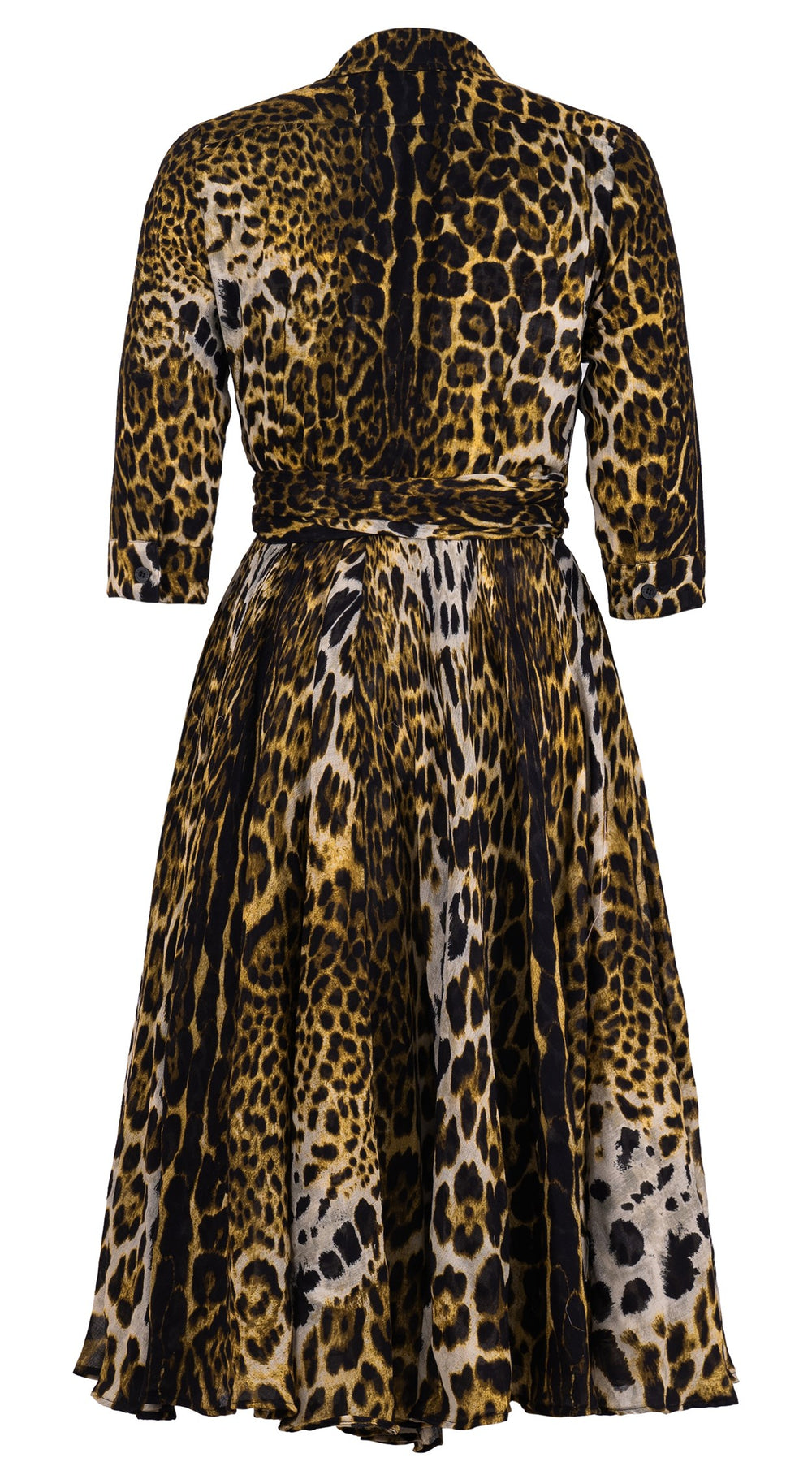 Olivia Dress Shirt Collar 3/4 Sleeve Midi Length Wool (Colombo Leopard) - Yellow