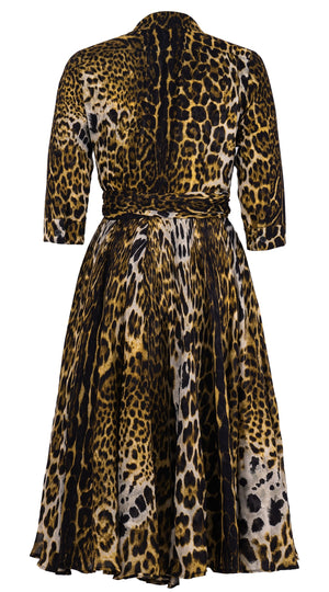 Olivia Dress Shirt Collar 3/4 Sleeve Midi Length Wool Musola (Colombo Leopard) - Yellow