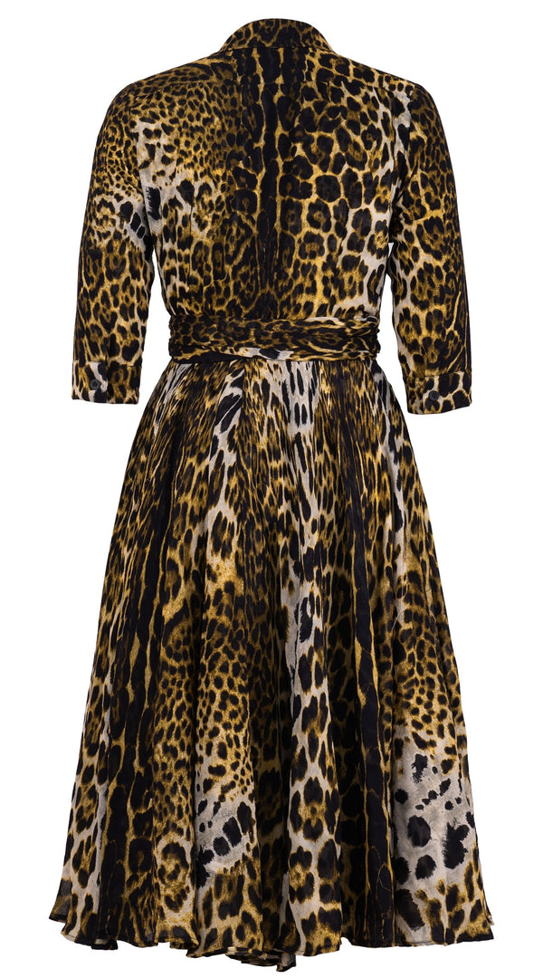 Olivia Dress Shirt Collar 3/4 Sleeve Midi Length Wool Musola (Colombo Leopard) - Yellow