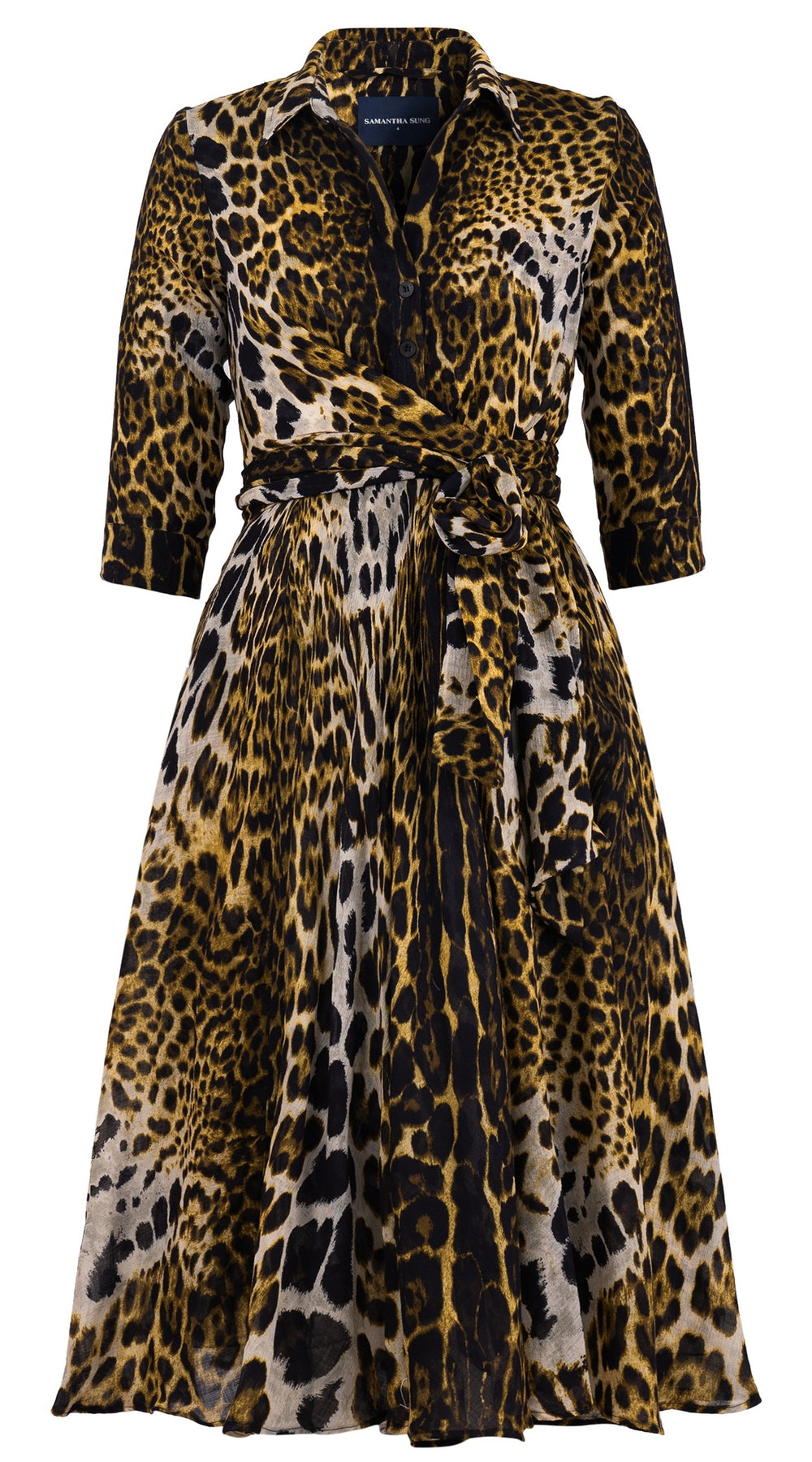 Olivia Dress Shirt Collar 3/4 Sleeve Midi Length Wool Musola (Colombo Leopard) - Yellow
