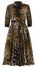 Olivia Dress Shirt Collar 3/4 Sleeve Midi Length Wool Musola (Colombo Leopard) - Yellow