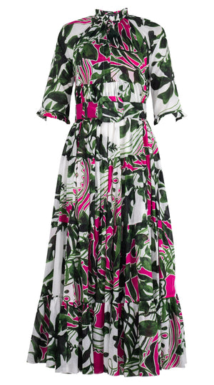 Eden Dress Crew Neck 3/4 Sleeve Maxi Length Cotton Musola (Como Lake Garden White)